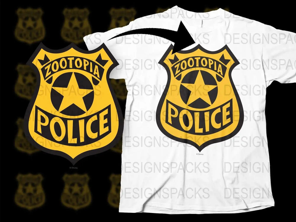 Zootopia Police Badge T-Shirt, Adult and Kids Sizes, Disney Movie Fan Apparel, Black and White Graphic Tee