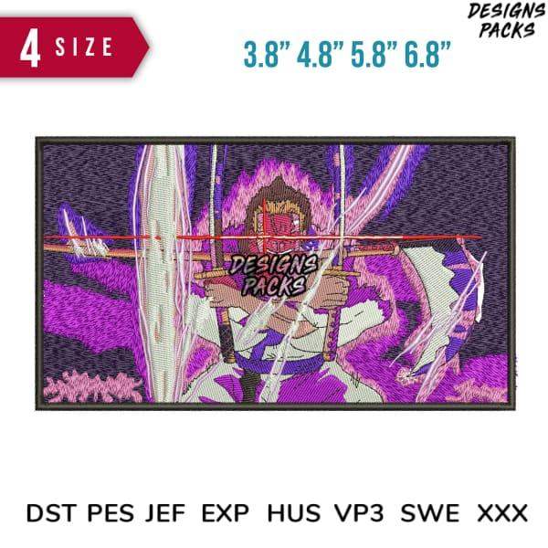 Anime samurai embroidery design in 4 sizes, PES DST formats, purple energy effect, print-ready