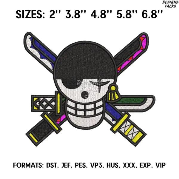 Zoro Skull  Embroidery Design Pes File, One Piece Anime Embroidery Design, Machine Design Pes. Swoosh Roronoa Zoro