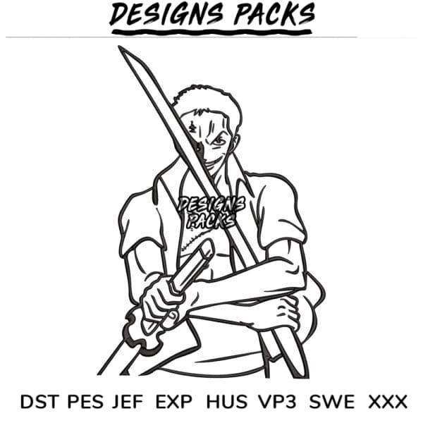 Anime samurai holding sword, embroidery design in DST PES formats for instant download