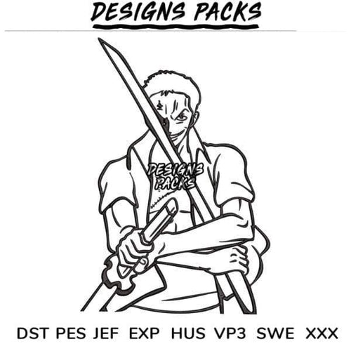 Anime samurai holding sword, embroidery design in DST PES formats for instant download