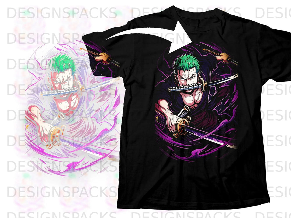 Black t-shirt featuring anime character Roronoa Zoro with three swords.
