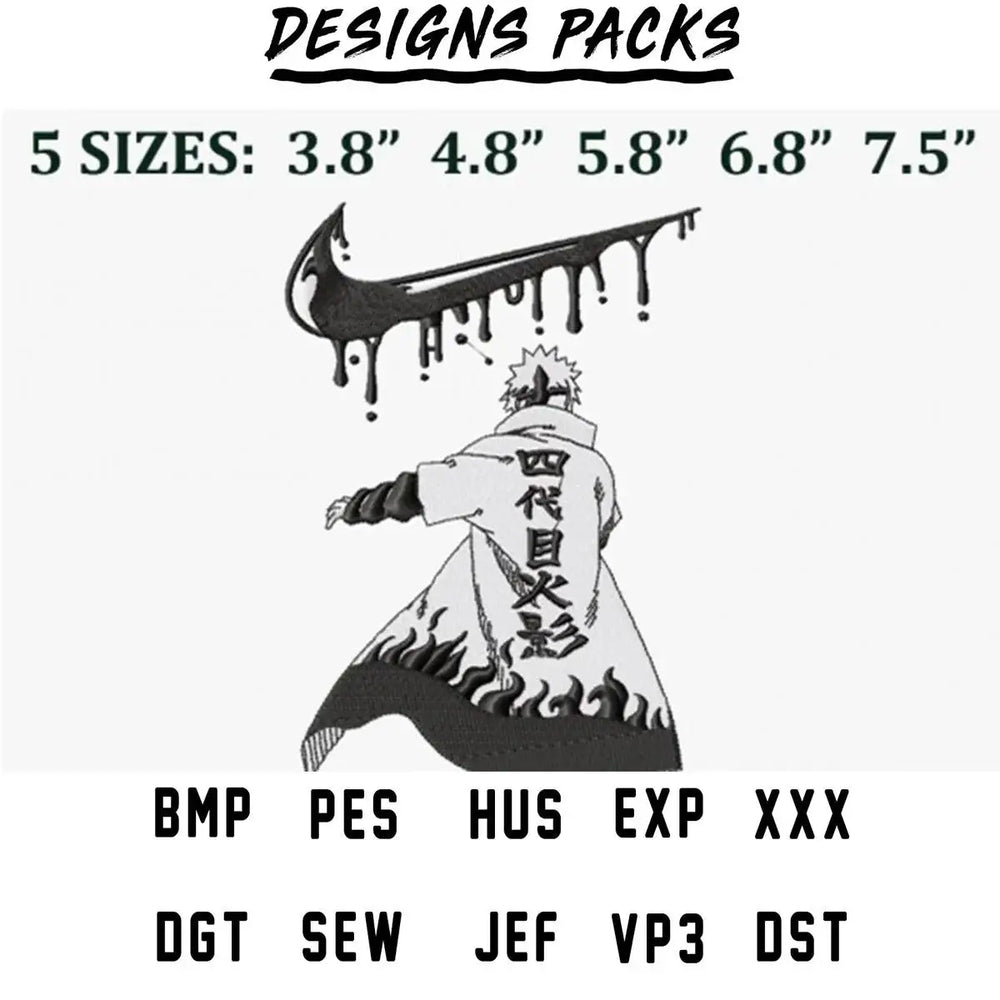 Anime character with flame design, available in 5 sizes and multiple file formats for embroidery and printing.