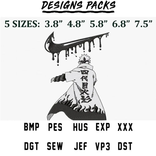 Anime character with flame design, available in 5 sizes and multiple file formats for embroidery and printing.