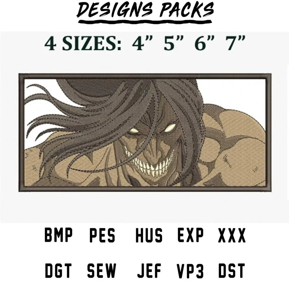 Embroidery design of fierce anime character with 4 sizes, PES, DST, EXP formats for instant download