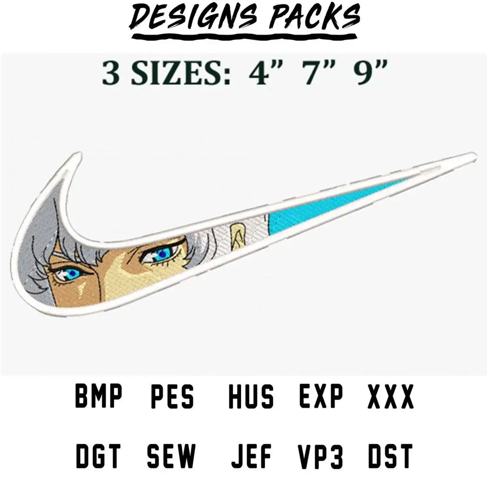 Anime character embroidery design in Nike swoosh shape, 3 sizes, PES HUS DST formats