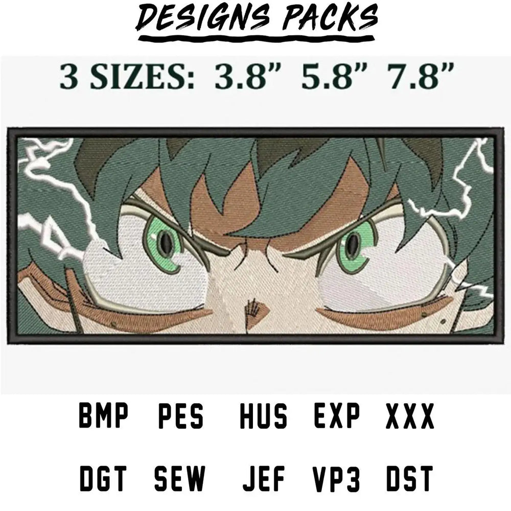 Anime character embroidery design with green eyes, available in 3 sizes and multiple formats