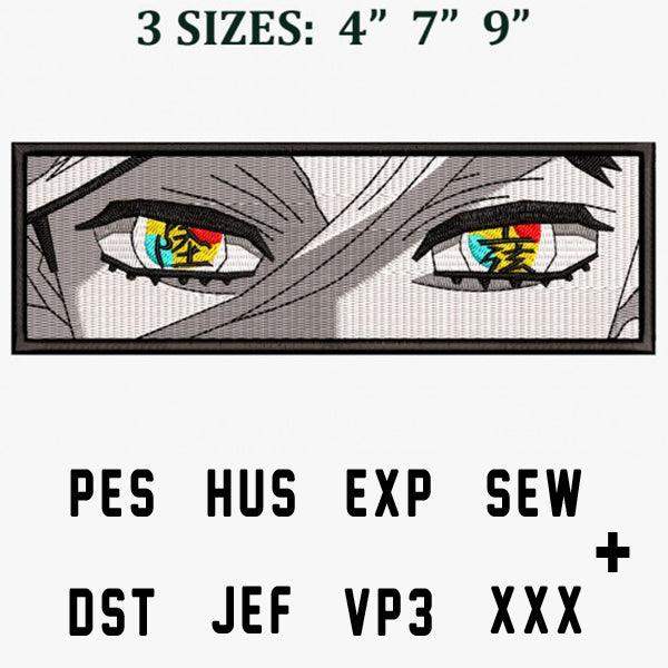 Anime eyes embroidery design in 3 sizes, compatible with PES, DST, JEF, EXP, SEW formats for instant download.