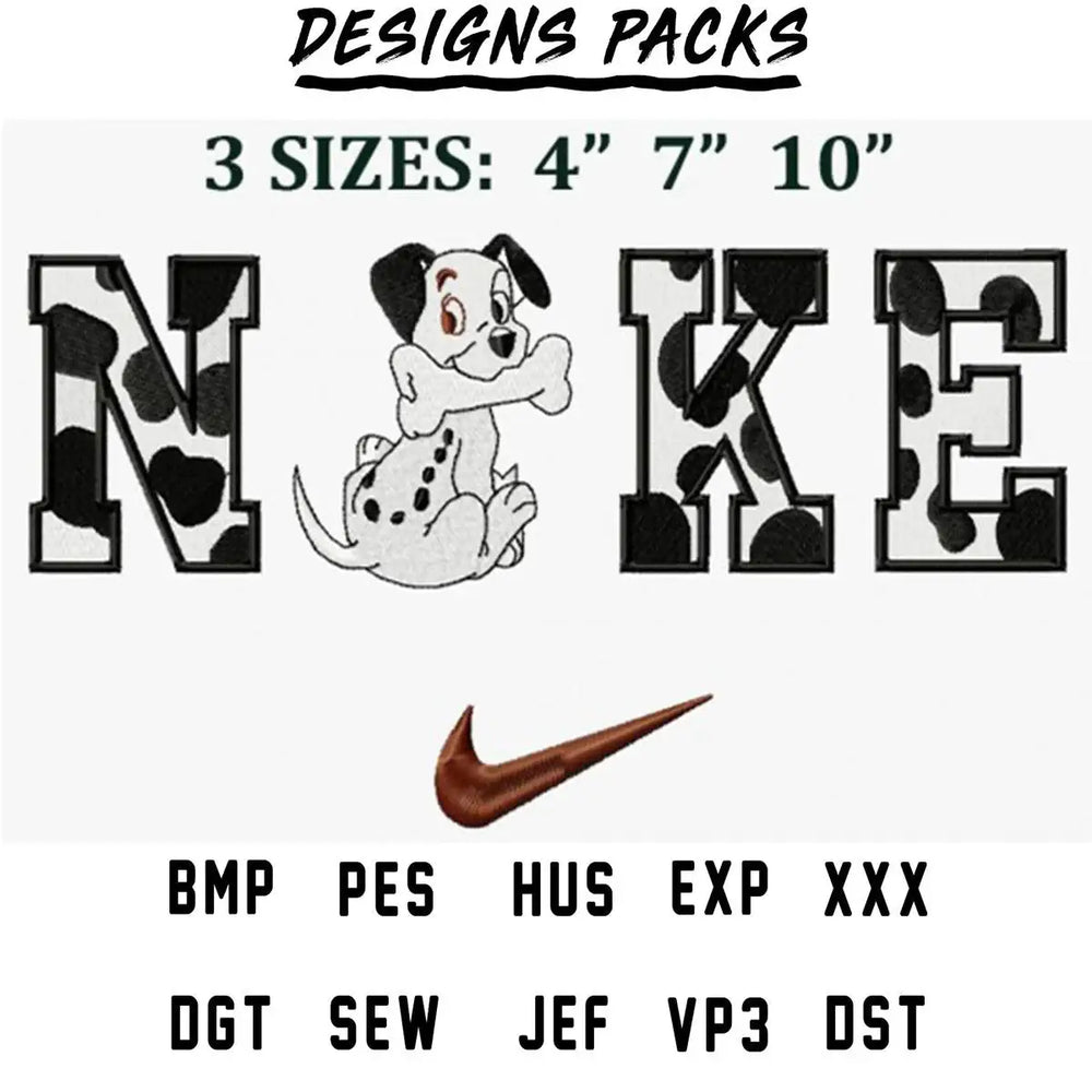Embroidery design featuring Dalmatian puppy with 'NIKE' text in 3 sizes, compatible with multiple file formats.