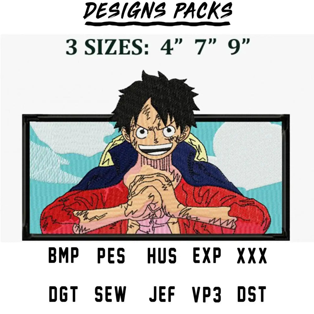 Luffy embroidery design in 3 sizes, compatible with PES, DST, EXP formats for machine embroidery