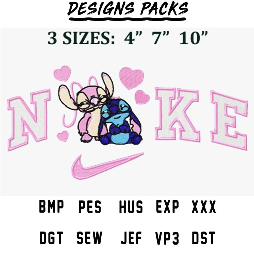 Stitch & Angel embroidery design with Nike swoosh, 3 sizes, PES HUS DST formats