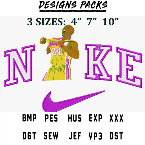Embroidery design featuring basketball player in Lakers jersey with Nike logo, available in multiple sizes and formats.
