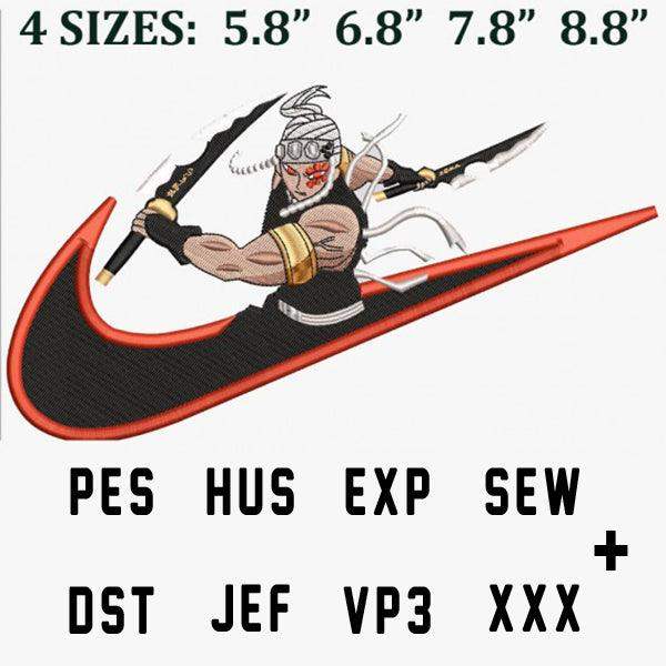 Embroidery design of ninja with swords in Nike swoosh, available in PES, DST, HUS, EXP, SEW, JEF, VP3, XXX formats