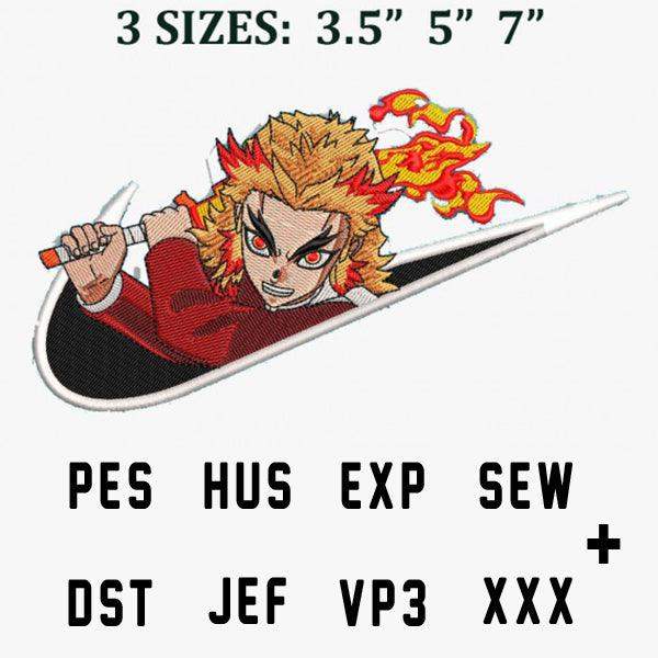 Anime character embroidery design in 3 sizes, PES HUS EXP SEW DST JEF VP3 formats, flame effect, print-ready