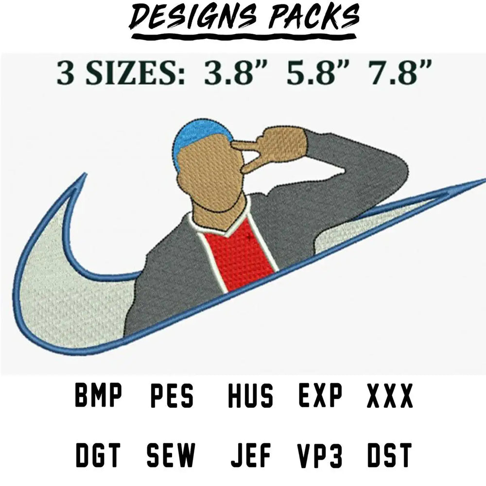 Embroidery design of person in Nike-style swoosh, 3 sizes, PES HUS DST formats