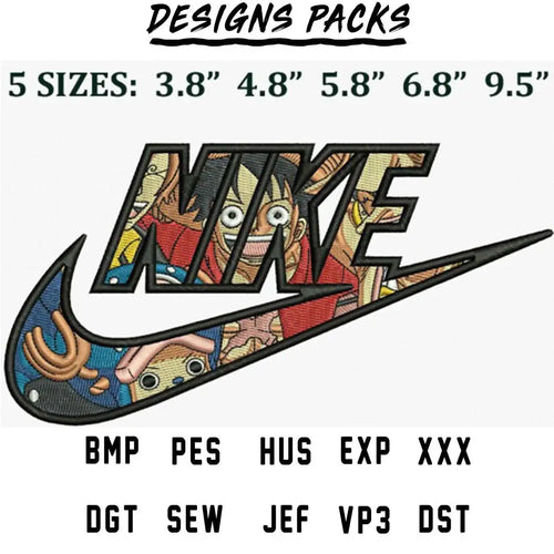 Embroidery design featuring anime character in Nike swoosh, available in 5 sizes and multiple formats.
