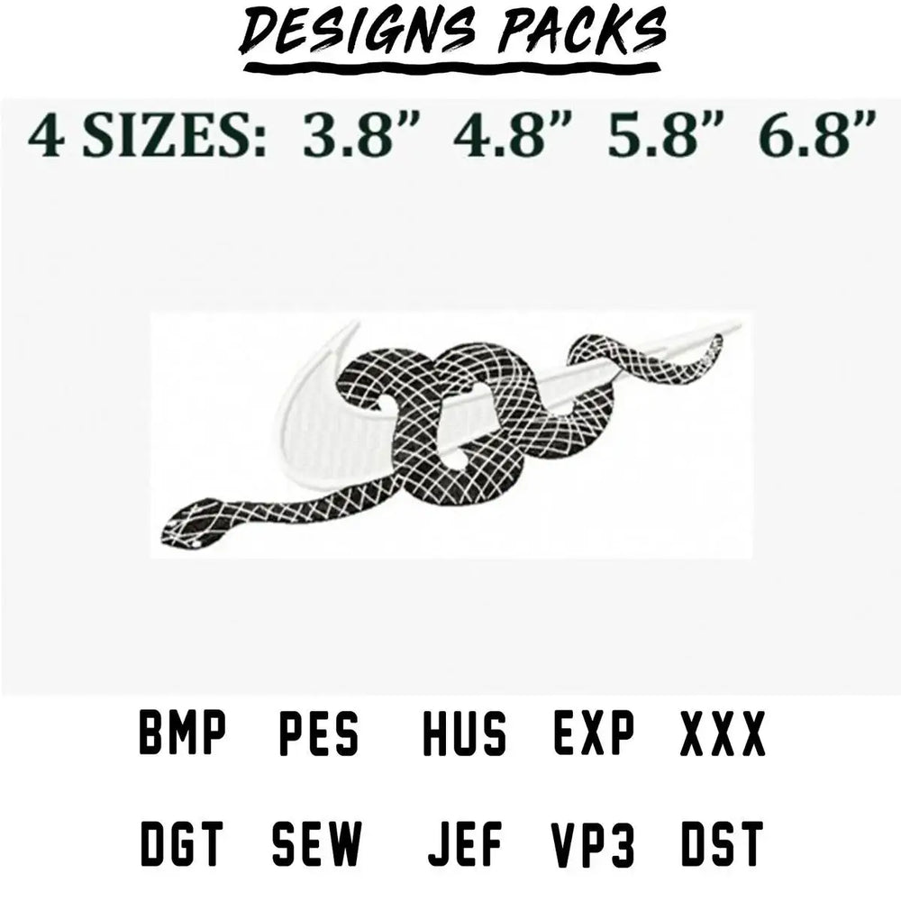 Snake embroidery design in 4 sizes, compatible with PES, DST, and other formats for DTG and DTF printing.