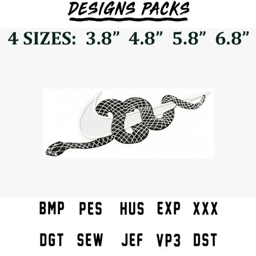 Snake embroidery design in 4 sizes, compatible with PES, DST, and other formats for DTG and DTF printing.