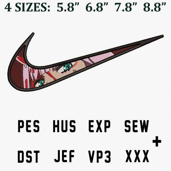 Embroidery design featuring anime-style eyes in Nike swoosh, available in PES, HUS, EXP, SEW, DST, JEF, VP3, XXX formats
