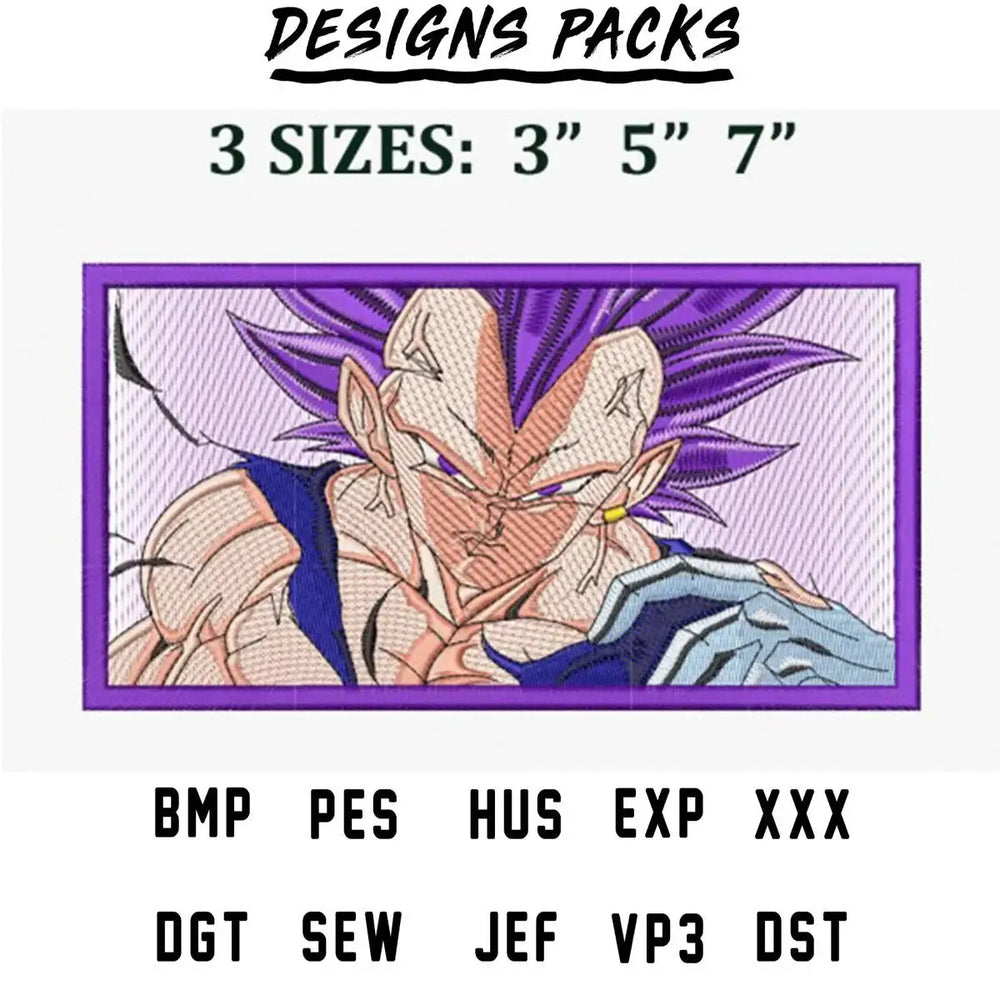 Vegeta embroidery design in 3 sizes, compatible with PES, DST, EXP, and other machine formats for instant download.