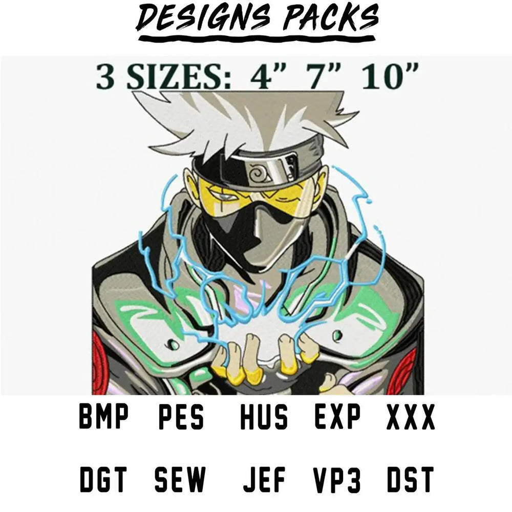 Anime character with lightning effect, available in 3 sizes, print-ready formats for embroidery and DTG