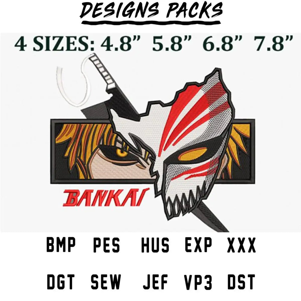 Bankai anime embroidery design in 4 sizes, PES, DST, PNG formats for DTG & DTF printing