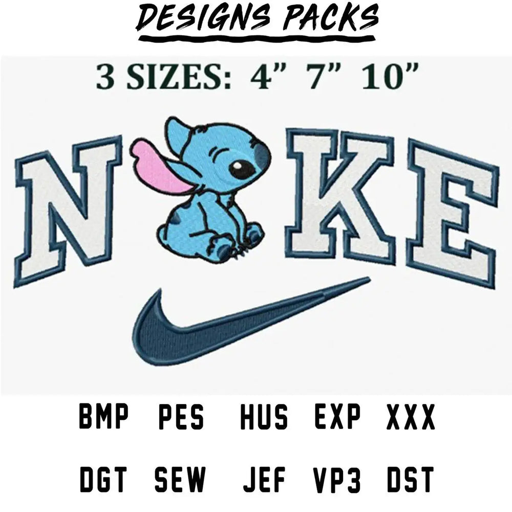 Stitch embroidery design with Nike logo, 3 sizes, PES, DST, BMP formats