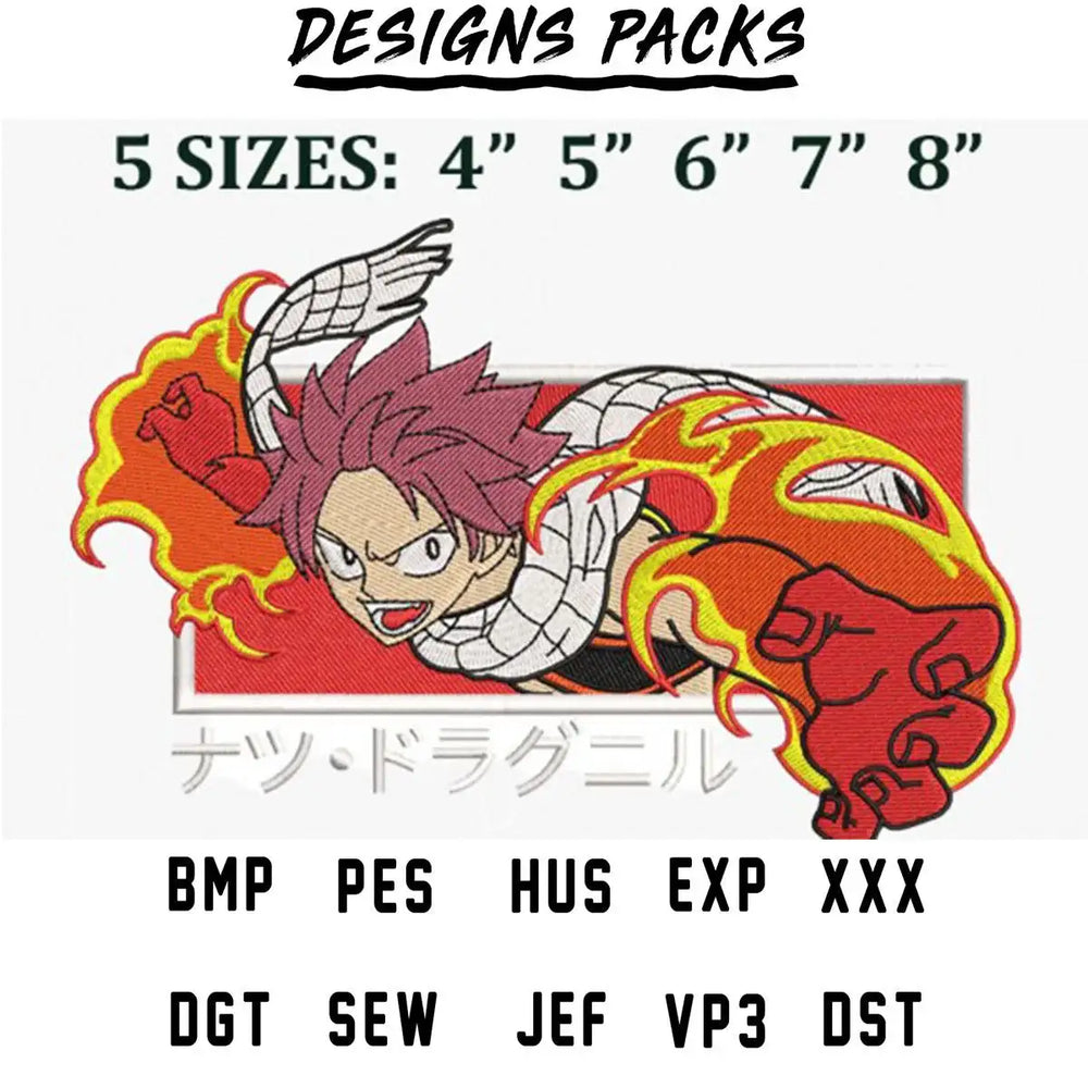 Embroidery design of anime character with fire effects, available in 5 sizes and multiple file formats.