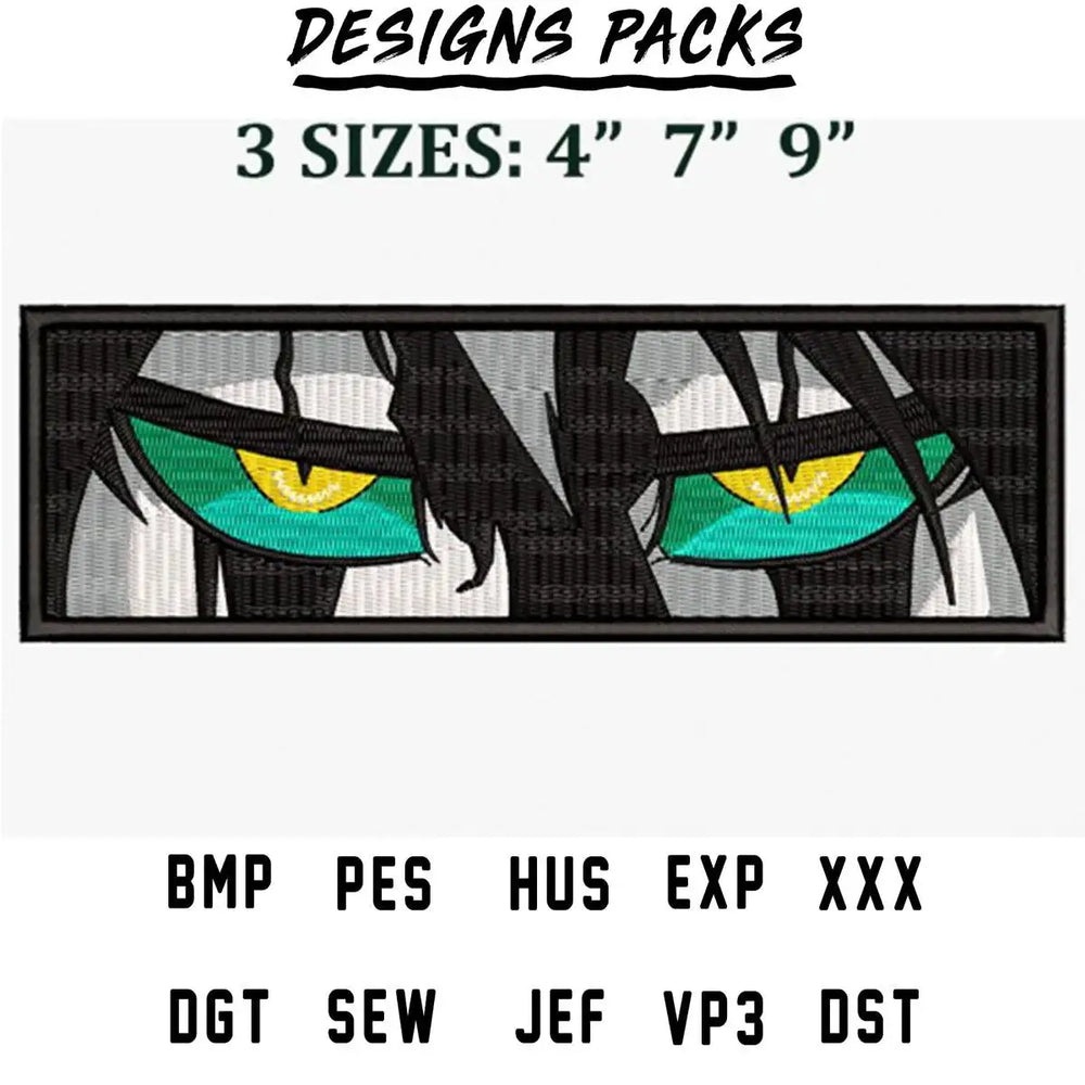 Embroidery design with green and yellow cat eyes, available in 3 sizes, compatible with PES, DST, and other formats.