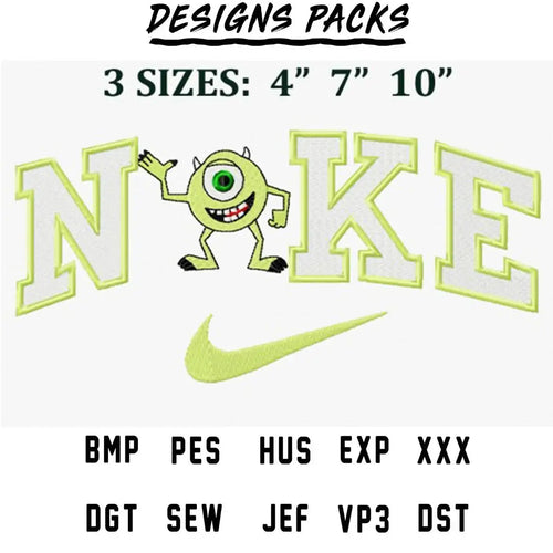 Embroidery design featuring Mike Wazowski with 'NIKE' text and swoosh, available in 3 sizes and multiple formats.