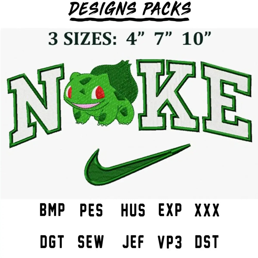 Green Bulbasaur embroidery design with NOKE text and Nike swoosh, available in multiple sizes and formats