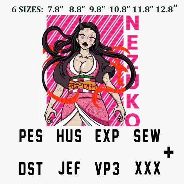 Nezuko embroidery design in 6 sizes, PES HUS EXP SEW DST JEF VP3 XXX formats, anime character print-ready