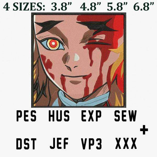 Anime character embroidery design with blood effects, available in 4 sizes and multiple formats