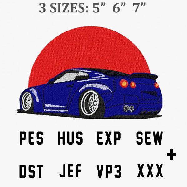 Blue sports car embroidery design with red sun, available in PES, HUS, EXP, and other formats