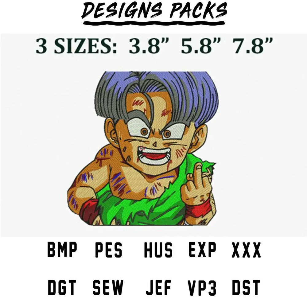 Embroidery design of animated character in green outfit, available in 3 sizes and multiple file formats.