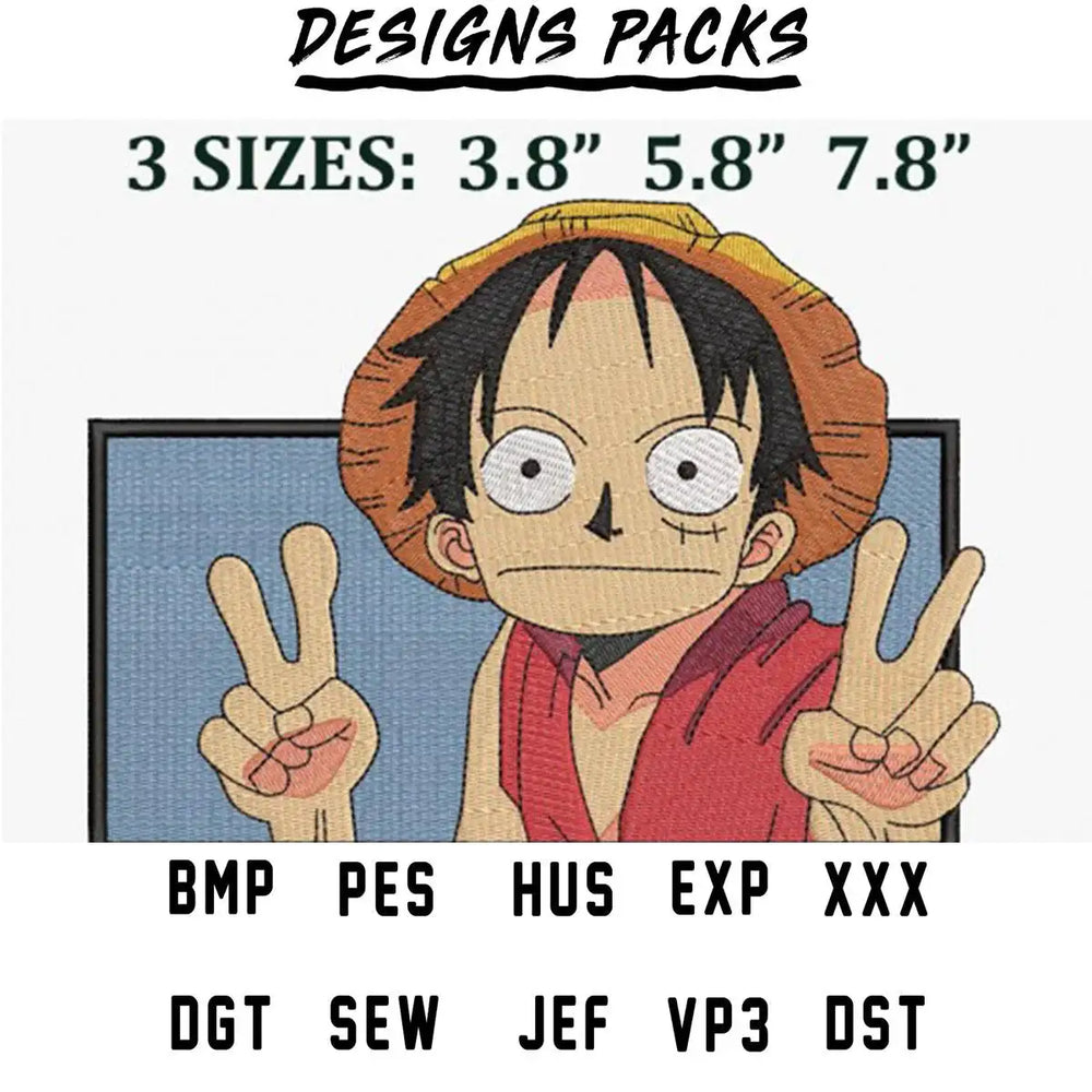 Embroidery design of anime character with peace signs, available in multiple sizes and formats
