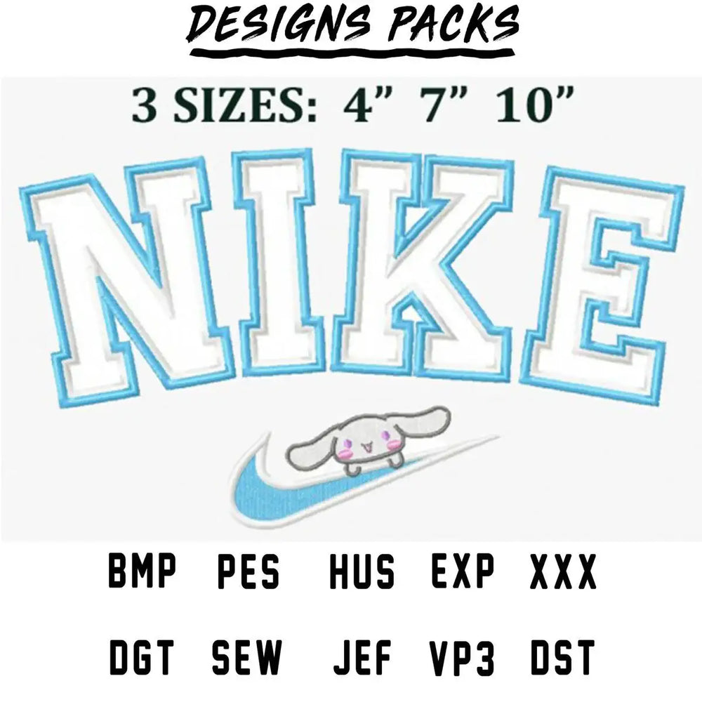 Embroidery design with Nike-style text and cute character, available in 3 sizes and multiple formats