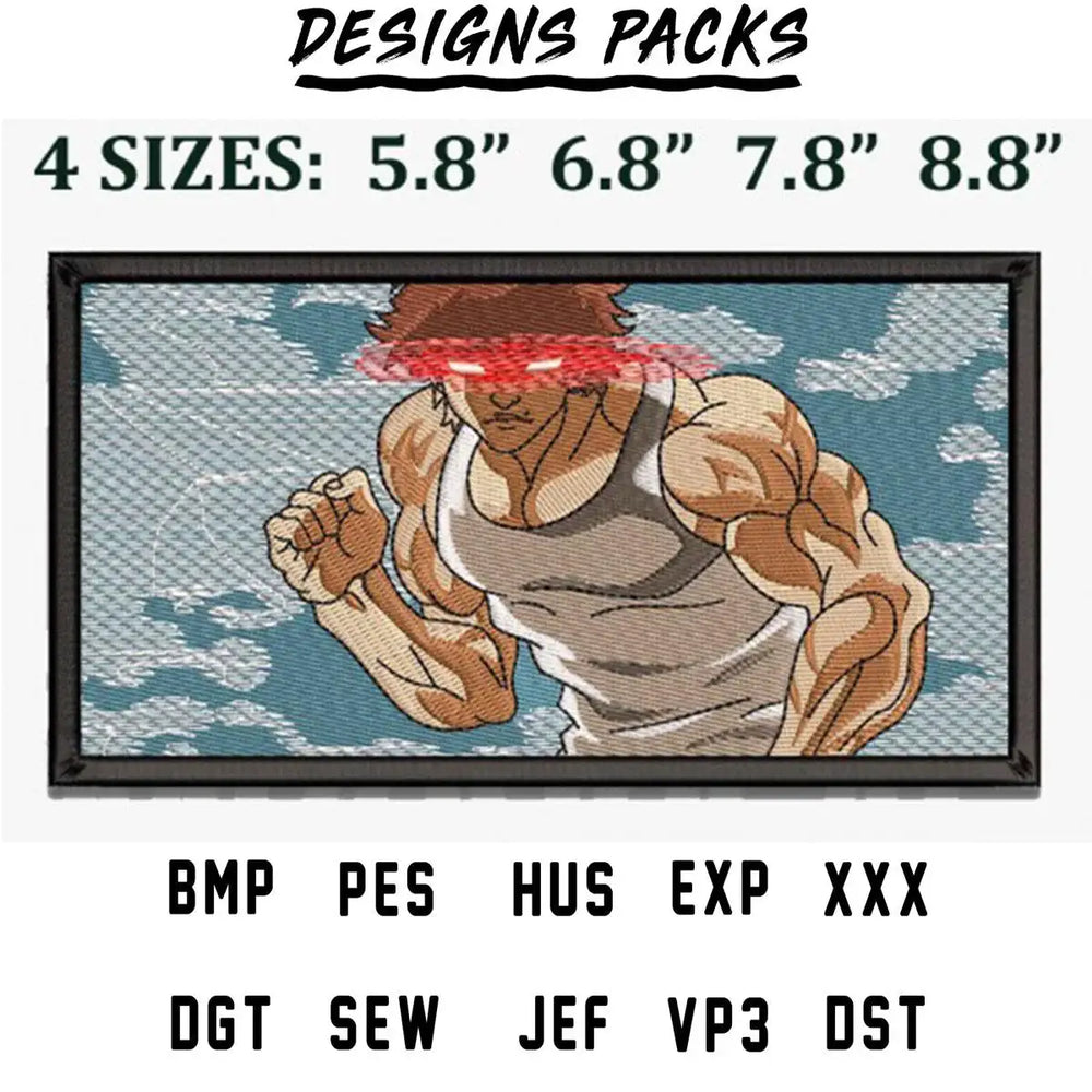 Anime muscle man embroidery design in 4 sizes, PES HUS EXP DST formats, sky background
