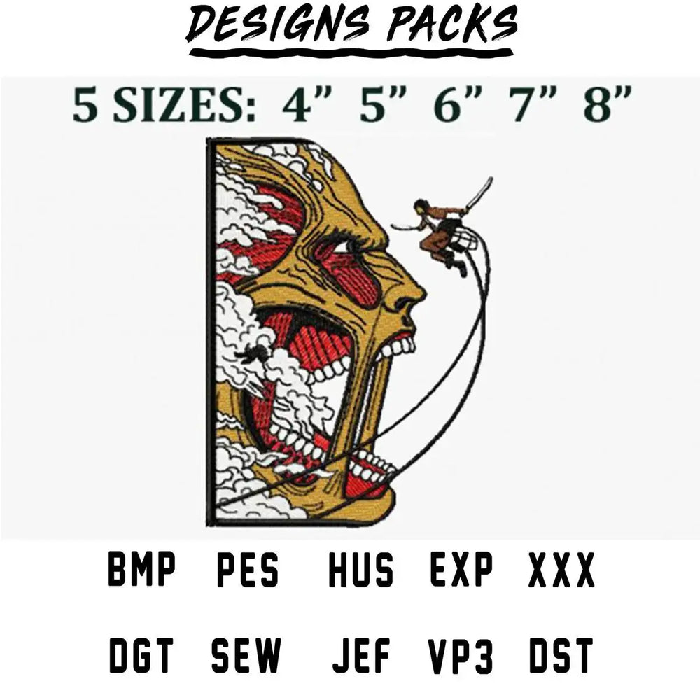 Embroidery design of Titan with 5 sizes, compatible with PES, DST, EXP formats for instant download.