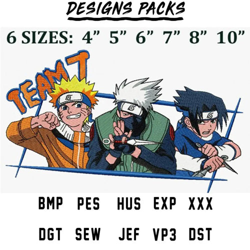Team 7 Naruto embroidery design in 6 sizes, PES, DST, EXP formats for machine embroidery