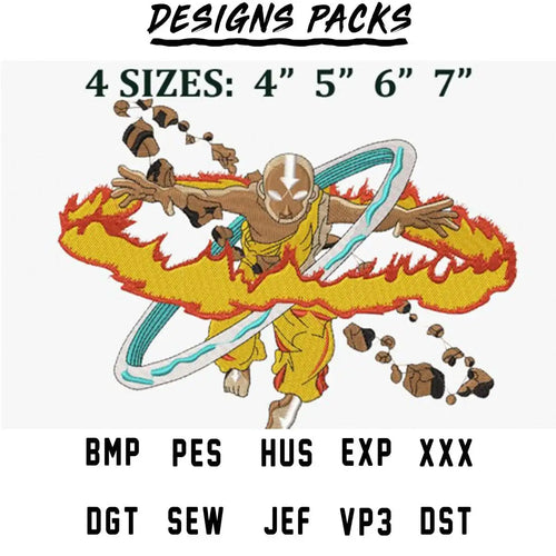 Avatar Aang embroidery design with fire and air elements, available in 4 sizes and multiple file formats.