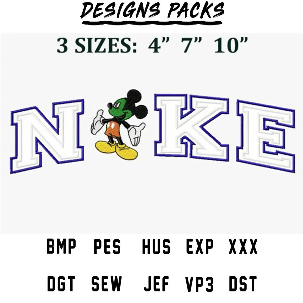 Mickey Mouse in Nike-style embroidery design, available in 3 sizes, multiple file formats