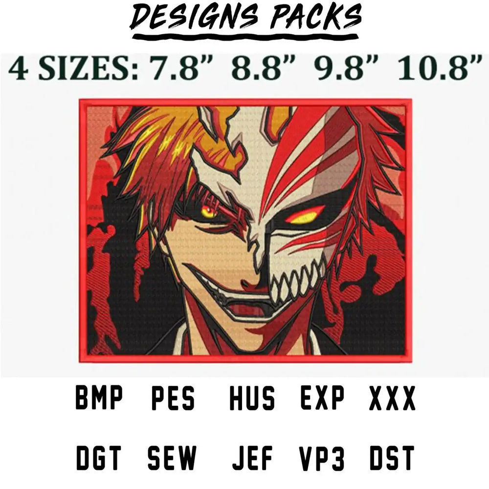 Anime-style embroidery design with red and black details, available in 4 sizes and multiple file formats.