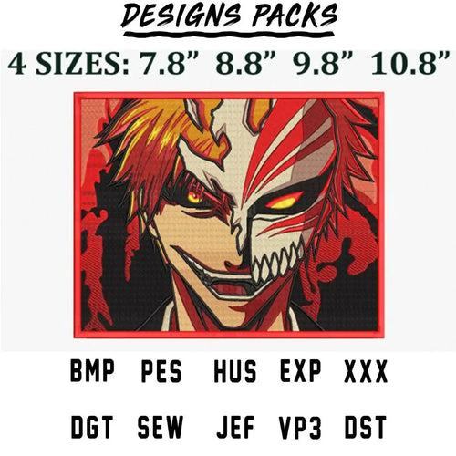 Anime-style embroidery design with red and black details, available in 4 sizes and multiple file formats.