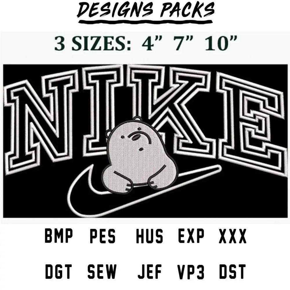 Cute bear on Nike swoosh embroidery design in 3 sizes, PES, DST, PNG formats for DTG & DTF printing