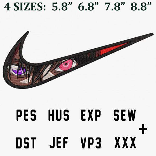 Embroidery design featuring stylized eyes within a swoosh shape, available in PES, DST, HUS, EXP, JEF, SEW, VP3, XXX formats, 4 sizes