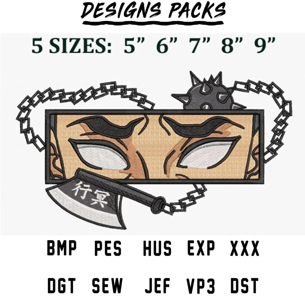 Embroidery design with fierce eyes, chain, and axe in 5 sizes, PES, DST, SVG formats