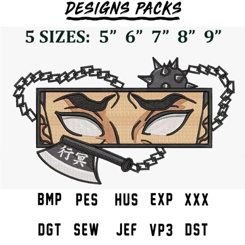 Embroidery design with fierce eyes, chain, and axe in 5 sizes, PES, DST, SVG formats