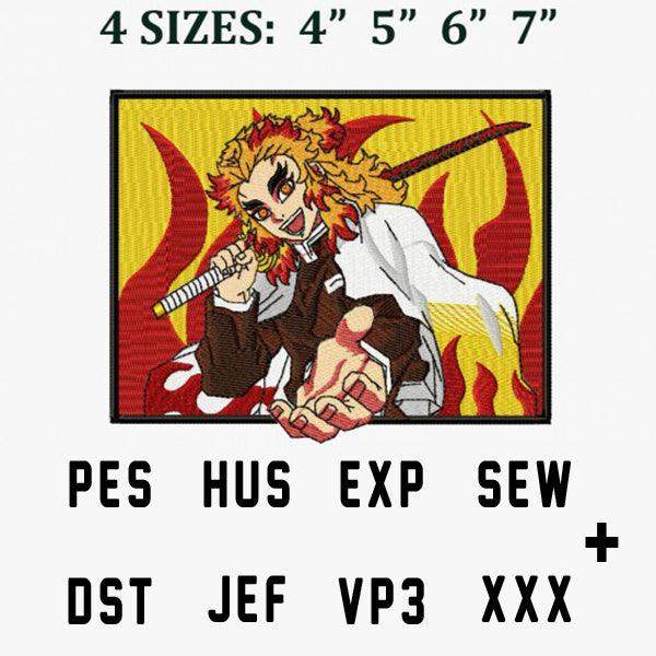 Embroidery design of anime character with flames, available in PES, HUS, EXP, SEW, DST, JEF, VP3, XXX formats