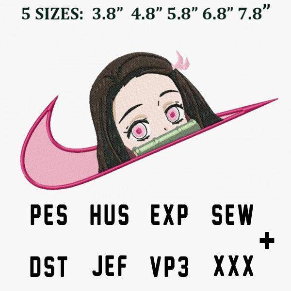 Anime girl embroidery design in 5 sizes, compatible with PES, DST, JEF, EXP, SEW, VP3, XXX formats for machine embroidery.